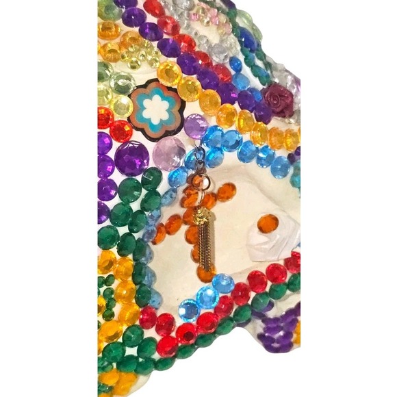 Day Of The Dead Rainbow Rhinestones 3D Fullsize Bling Ceramic Skull Handcrafted - Picture 7 of 13